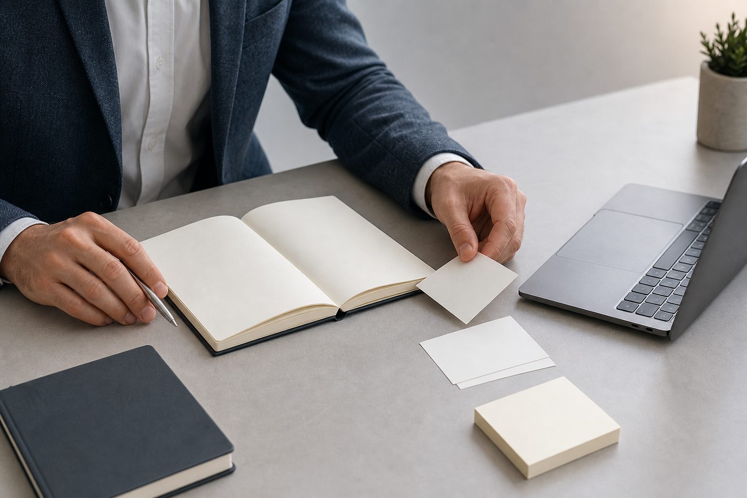 Notebook with a structured blog post outline and planning notes
